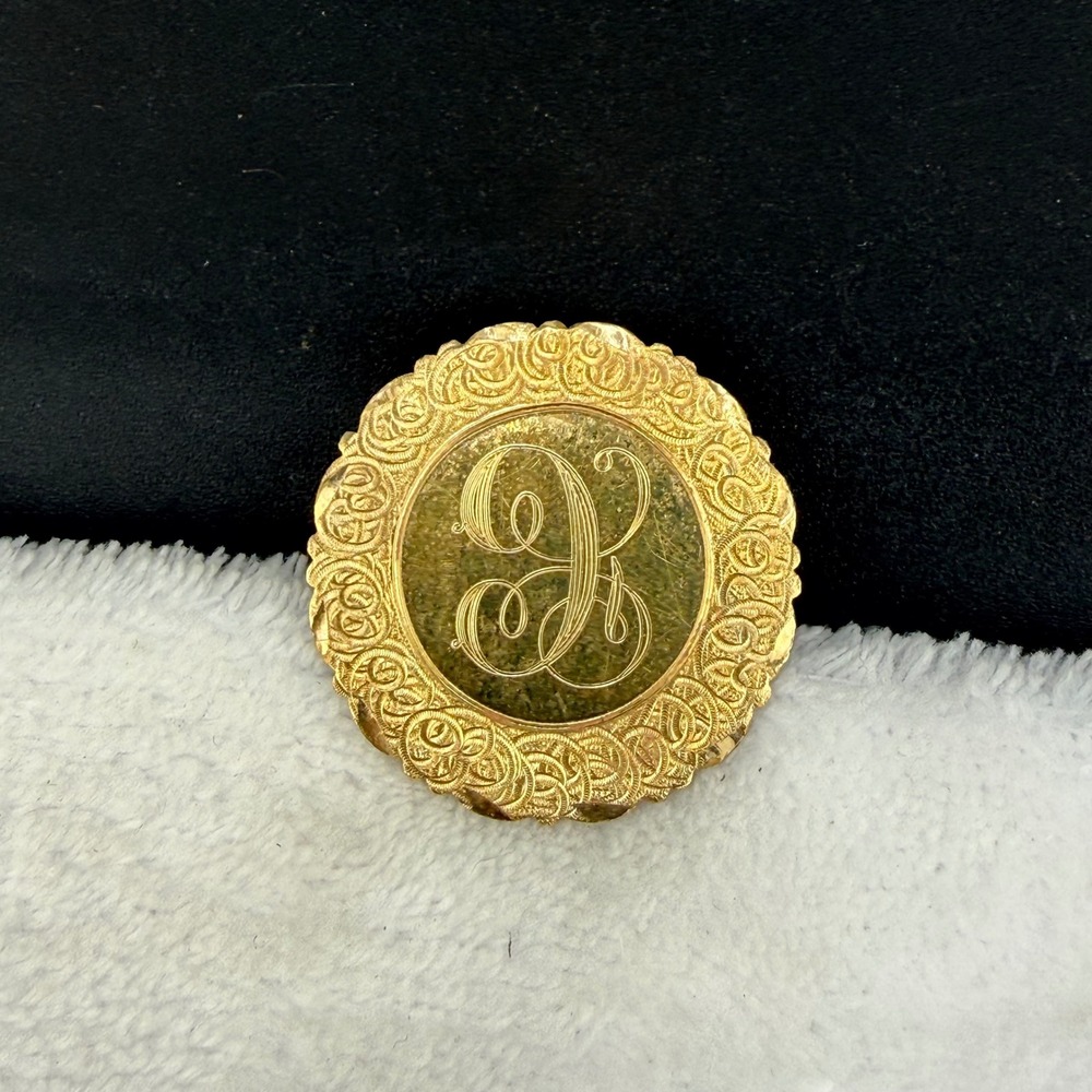 Vintage Anson Brooch Gold Filled Monogram Etched Round
